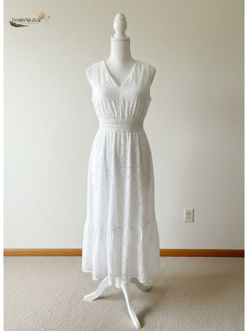 Sleeveless Eyelet Lace V Neck A Line Flowy Boho Maxi Dress Beach Wedding Guest